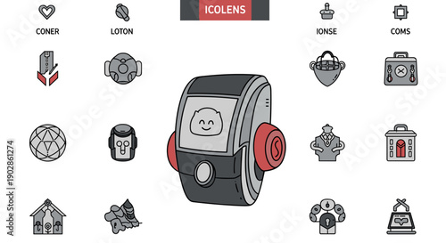 A set of modern security icons featuring a central alarm system with various symbols around it