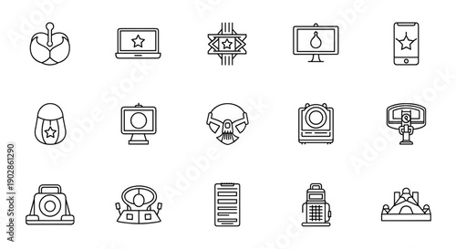 A set of minimalist icons representing technology and communication on a simple