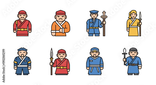 A colorful vector graphic illustration of eight medieval warriors in various uniforms and poses.