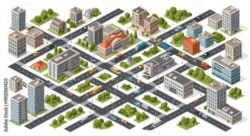 A vibrant isometric cityscape illustration with buildings, roads, and green spaces on a