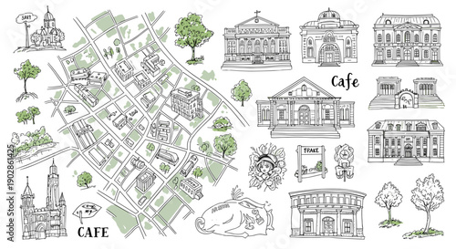 A detailed vector illustration of a town map with various buildings and landmarks