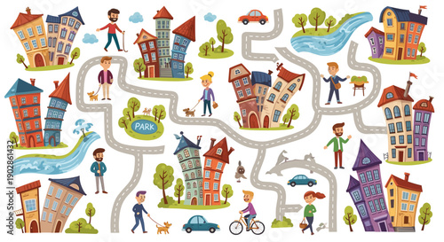 A colorful vector illustration of a town map with people and buildings