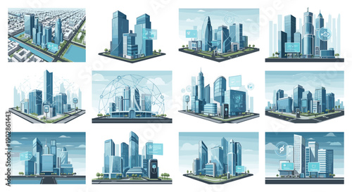 A collection of modern city skylines in a vector graphic illustration style