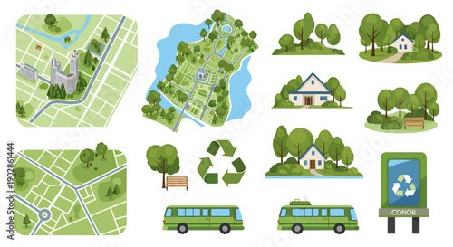A collection of eco-friendly vector graphics illustrating sustainable living and environmental conservation