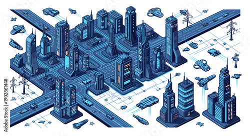 A futuristic cityscape illustration with sleek skyscrapers and advanced technology elements in a blue color scheme