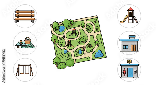 A colorful vector illustration of a park map with playground equipment and amenities