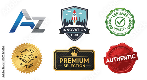 A collection of six premium quality logos and badges for business and innovation