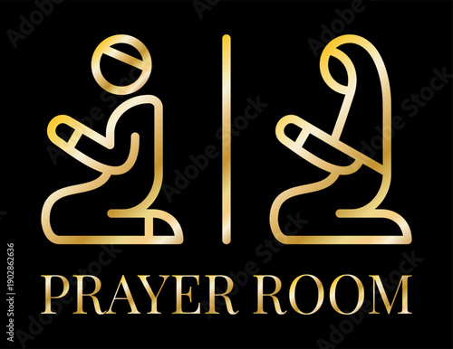 Islamic prayer room icon with golden contour on dark background. Elegant vector sign for religious navigation and mosque signage.
