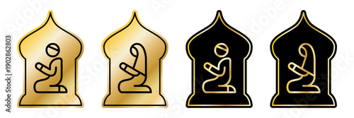 Muslim prayer room sign in gold and black design. Vector plaque with Islamic praying figure, suitable for mosque interiors and public prayer spaces.