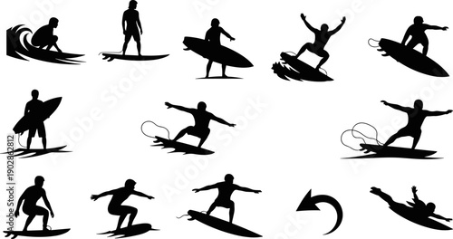 Black silhouettes of surfers and surfing actions collection isolated on white background showing wave riding, tricks, balance, and ocean sport movement for beach lifestyle design