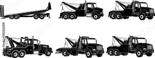 Black silhouettes of tow trucks and flatbed recovery vehicles set isolated on white background for roadside assistance, towing service, vehicle transport, and emergency rescue design