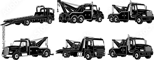 Black silhouettes of tow trucks and recovery vehicles set isolated on white background for roadside assistance, vehicle towing service, transport logistics, and auto rescue design