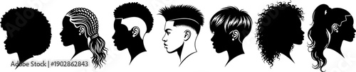 Black women hairstyle silhouette profiles featuring afro braids fades curls and ponytails, diverse portraits isolated on white background for beauty, fashion, and salon design