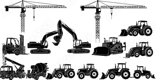 Construction machinery and heavy equipment silhouettes collection featuring cranes excavators loaders tractors and trucks for industrial building sites engineering vector illustration set