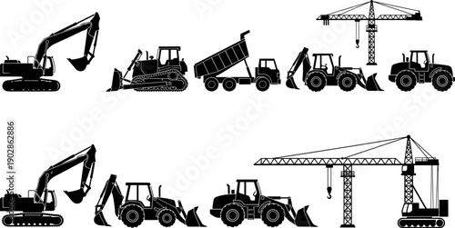 Construction machinery silhouette set showing excavators, bulldozers, dump trucks and cranes, heavy equipment vector isolated on white