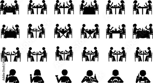 Couples dining and drinking silhouettes set, restaurant date and cafe seating icons collection, social eating and lifestyle vector illustration isolated on white
