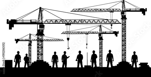 Construction site silhouettes with tower cranes and workers, industrial building development concept, engineering teamwork illustration isolated on white for banners, posters, and branding
