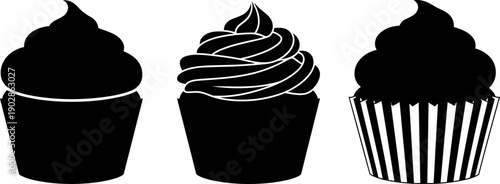 Cupcake silhouettes set with frosting swirls, minimalist dessert icons collection, sweet bakery vector illustration isolated on white for logos, packaging, menus, and branding