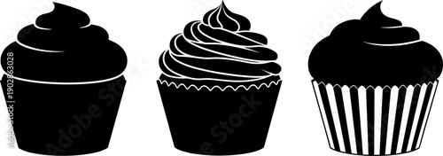 Cupcake silhouette icon set with frosting variations, sweet dessert illustration collection, bakery treat symbols in bold black vector style for food and confectionery design