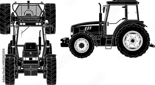 Detailed agricultural tractor silhouette illustration showing front, side, and top views of modern farm machinery for farming, rural industry, equipment design, and vector graphic use