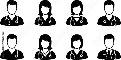 Doctor and medical staff silhouette avatars collection showing male and female healthcare professionals with stethoscopes, black icon illustrations isolated on white background for medical design