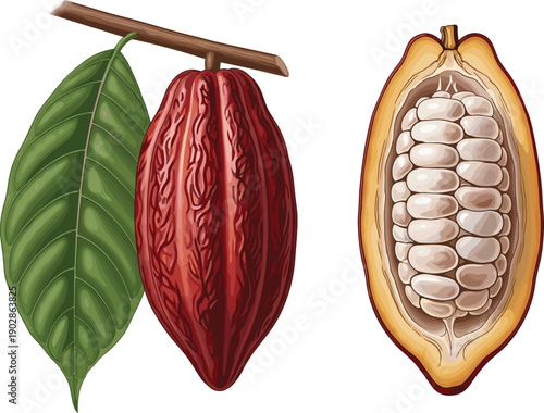 A ripe red cocoa pod with green leaf and an open pod showing cocoa beans inside brown stem