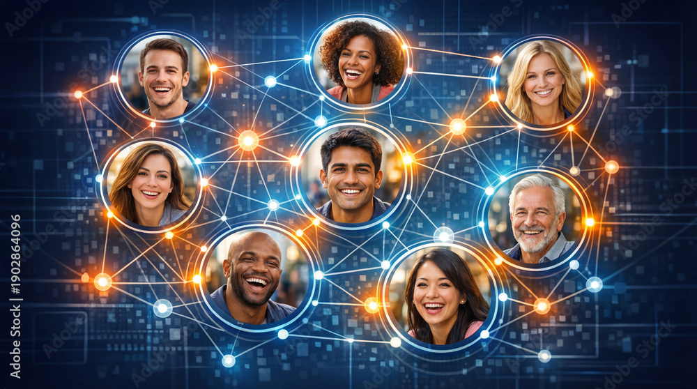 Fototapeta premium Portraits of multiethnic individuals linked by glowing lines on digital background. Social networking and global communication interface for community connection.