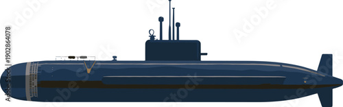 Dark blue submarine with a conning tower and periscope on a white background underwater