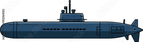 Dark Blue Submarine with Periscope and Tail Fin in a Side View