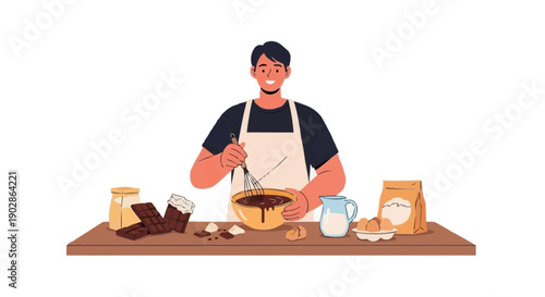 Man Whipping Batter with Kitchen Utensils 