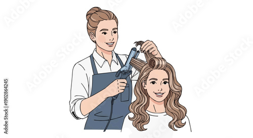 Woman getting her hair styled by hairdresser using curling iron 
