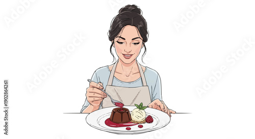 Elegant Woman Tasting a Decadent Dessert on a Plate