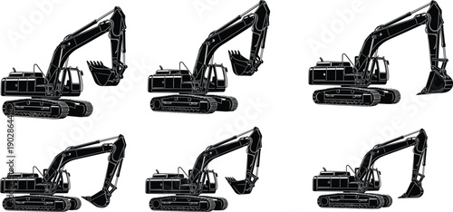 Black excavator construction machines set with different bucket positions, tracked diggers heavy equipment industrial engineering vector illustration collection