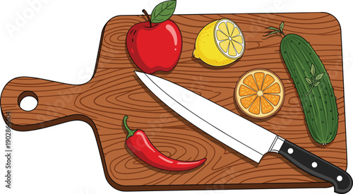 Kitchen cutting board with knife fresh fruits vegetables ingredients apple lemon orange cucumber chili cooking preparation vector illustration