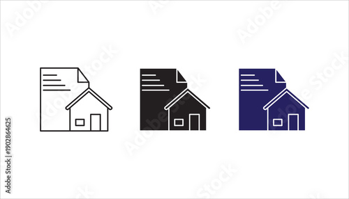 Line icon illustration of a document with a house symbol representing property documents, real estate paperwork, contracts, and legal files.