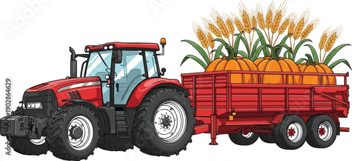 Red farm tractor towing trailer loaded with pumpkins and ripe wheat, autumn harvest agriculture transport vector illustration isolated