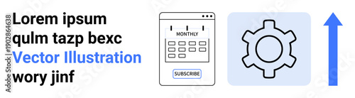 Subscription calendar with Subscribe button, gear symbol, and upward arrow. Ideal for productivity, automation, optimization, growth, planning, digital tools simple landing page