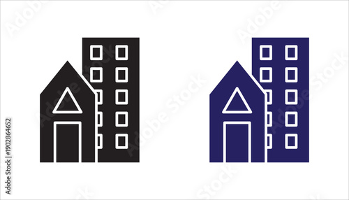 Line icon of residential buildings symbolizing housing, apartment complexes, urban living, and real estate development.