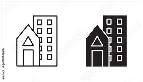Line icon of residential buildings symbolizing housing, apartment complexes, urban living, and real estate development.
