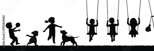 Silhouettes of children playing with a dog and swinging on swings in a park setting