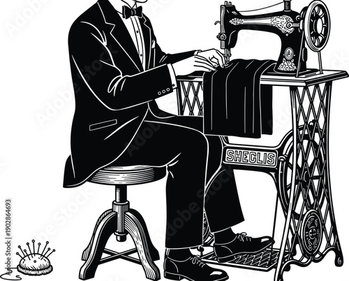 Vintage tailor operating classic sewing machine crafting garment in workshop retro fashion artisan dressmaker silhouette vector illustration scene