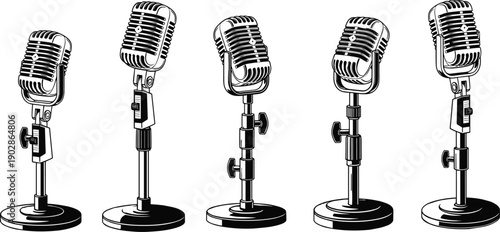 Vintage retro microphone set on stands classic studio radio broadcast audio recording music podcast silhouette vector illustration collection