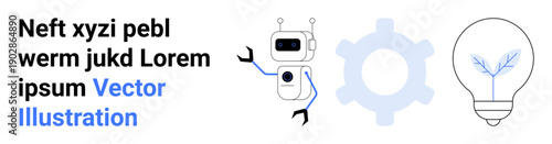 Innovation, technology, sustainability, robotics, eco-energy, engineering. A robot with gears and a glowing lightbulb sprouting leaves. Innovation and technology through futuristic and eco-friendly