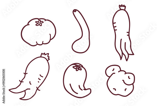 規格外の野菜の手描きモノクロアイコンセット