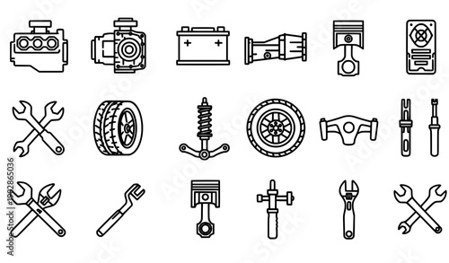 Automotive repair and mechanic tools outline vector icon set for garage service