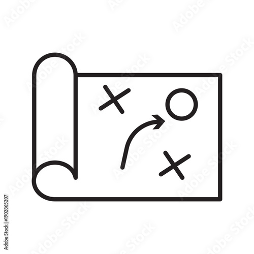 Line icon of a strategy plan with arrows and symbols representing business planning, tactics, analysis, and decision-making processes.