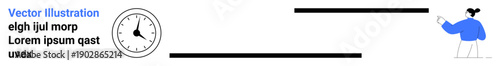 Time management, task planning, punctuality, workflow efficiency, scheduling, productivity. Minimalist design with a clock and a person pointing. Time management and task planning
