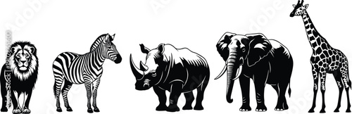 African safari animal silhouettes lion zebra rhinoceros elephant giraffe wildlife vector collection isolated black nature illustration design set