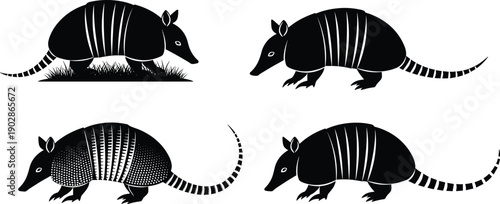 Armadillo silhouette vector set wild mammal poses walking standing side view armored animal wildlife nature illustration collection bundle