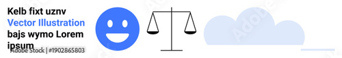 Emotional expression, balance in life, environmental focus, fairness, simplicity in design, ethics. Blue happy face, weighing scale and cloud graphic. Emotional expression and balance in life